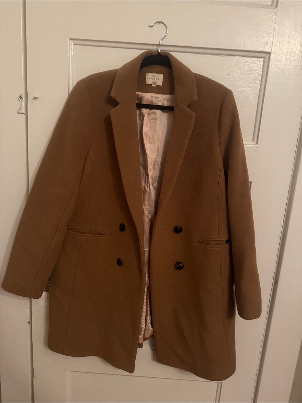 Sézane Double-Breasted Pea Coat in Camel Brown